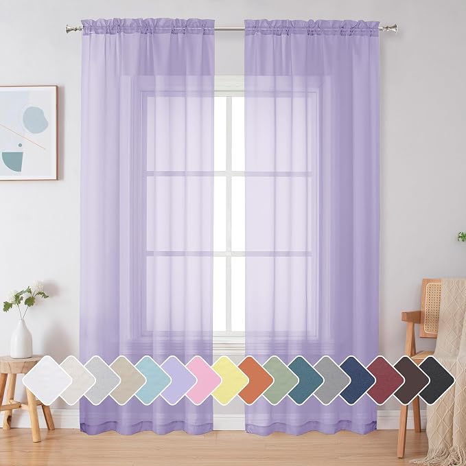 Simplebrand Lavender Sheer Curtains 72 Inches Long 2 Panels for Living Room, Rod Pockets Airy Window Treatments Voile Sheer Black Curtains Panels Lightweight for Front Back Patio Glass Door, 42" Width