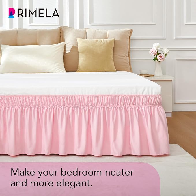 RIMELA Pink Bed Skirt Queen Size 18 Inch Drop, Elastic Bed Skirting for Bed Base and Frame, Bedding Dust Ruffle Easy to Install, Lightweight Wrap Around Adjustable Bedskirt | Solid Ruffled, Easy to Use, No Mattress Lifting, Wrinkle & Fade Resistant, wi...