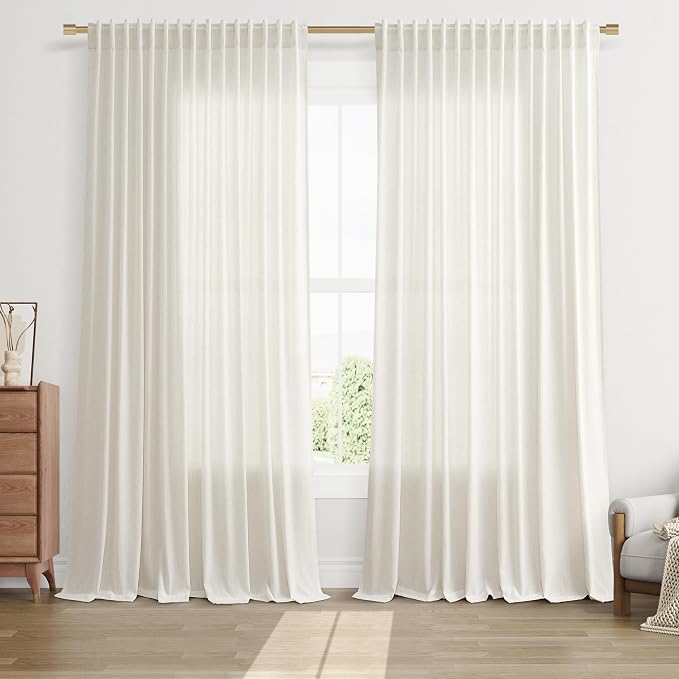 Linen Sliding Door Curtains for Bedroom, Natural 90 Inches Long Window Farmhouse Back Tab Rod Pocket Drapes for Living Room, Patio Glass Door Extra 100 Wide Curtain, 2 Panels 100 X 90