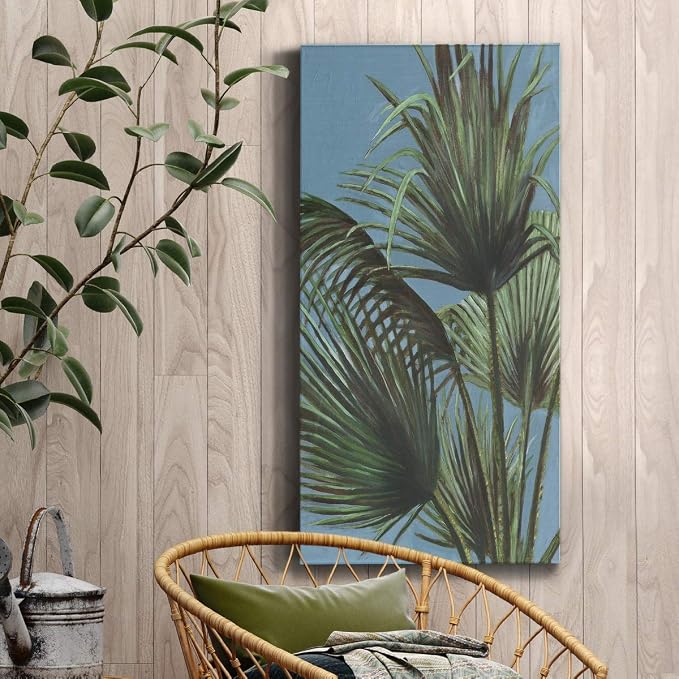 Renditions Gallery Canvas Nature Wall Art Home Paintings & Prints Elegant Green Palms Modern Glam Romantic Botanical Artwork Decorations for Bedroom Office Kitchen - 12"x24" LT43
