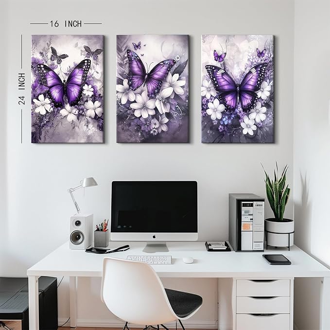 Purple Wall Decor Vintage Floral Wall Art Nature Butterfly Pictures Rustic Blossom Botanical Canvas Prints Farmhouse Wildflower Painting Artwork for Bedroom Living Room Home Decoration 16x24” 3Pcs