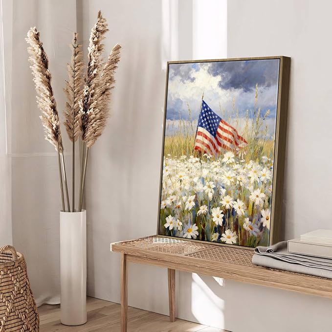 American Flag Framed Canvas Wall Art, 4th of July Patriotic Canvas Prints | Wildflower Landscape Poster Print, Vintage Rustic Independence Day Wall Decor for Bedroom Living Room Office 16×20in