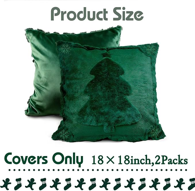 ONFAON Christmas Decorations - Christmas Pillow Covers 18x18 Inch Set of 2,Embroidered Xmas Tree Soft Plush Faux Fur Wool Throw Pillows Winter Holiday Decor for Sofa Living Room, Green
