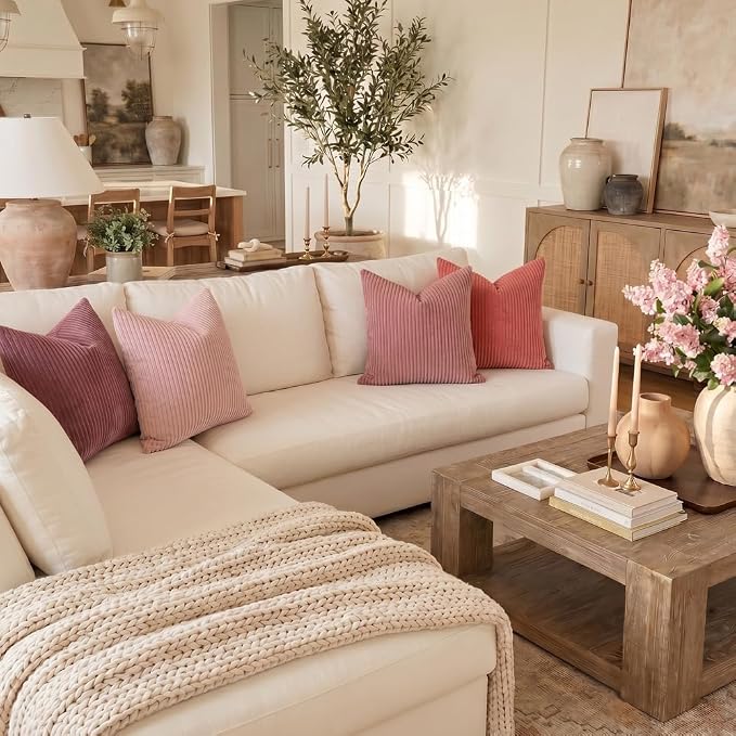 LANANAS Decorative Corduroy Throw Pillow Covers 18x18 Inch Rose Pink | Set of 4 Neutral Couch Farmhouse Boho Throw Pillows for Living Room, Couch, Bed, Sofa Soft Accent Home Decor