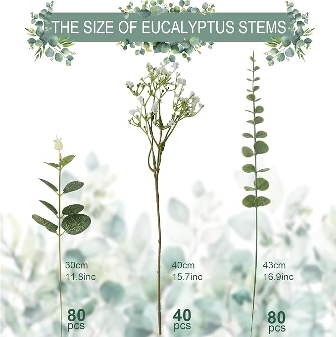 lovemoon 200 Pcs Mixed Greenery Artificial Eucalyptus Stems, Baby Breath Artificial Flowers Bulk and Eucalyptus Leaves for Wedding Bouquets Home Office Floral Decor (200, Green and White)
