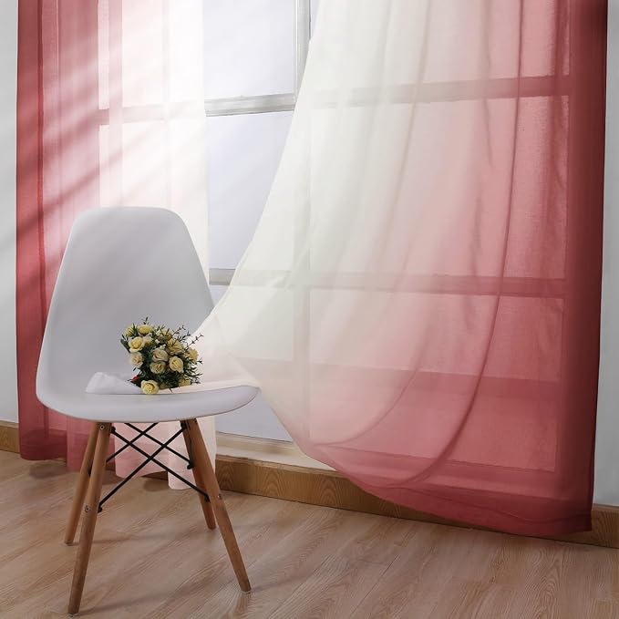 DWCN Faux Linen Ombre Sheer Curtains - Gradient Semi Voile Curtains for Bedroom and Living Room, Grommet Top Window Curtains, 2 Panels, 52 x 108 Inches Long, Burgundy