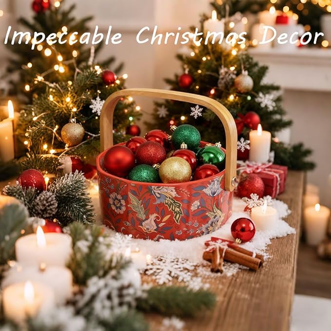 Ceramic Fruit Berry Basket with Detachable Wooden Handle Candy Dish Christmas Decorations Ornaments Decorative Bowl Home Kitchen & Dining Table Office Decor(Red)