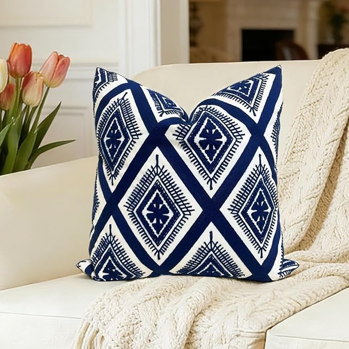 Slow Cow Embroidery Navy Blue Pillow Covers Cushion Covers Invisible Zipper for Living Room 18 x18 Inch