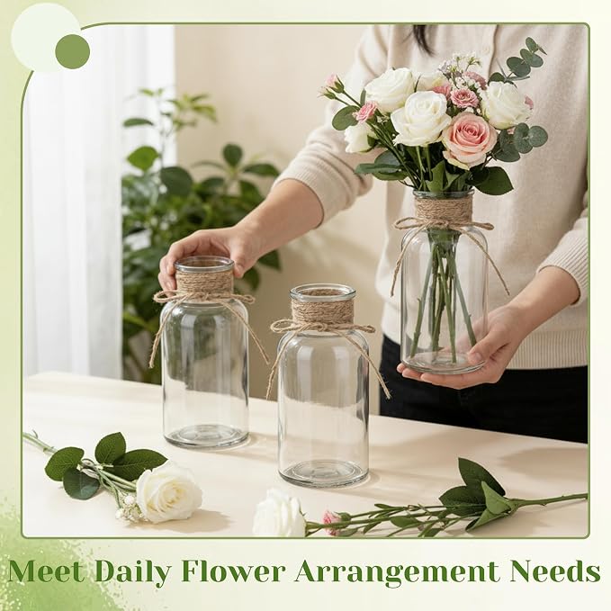 Mason Jar Glass Vases 12 Pack, Clear Flower Vase for Centerpieces | Rustic Farmhouse Home Decor, Bud Vase with Twine, Wedding Table Decoration, Boho Floral Arrangement, Vintage Jars Bulk