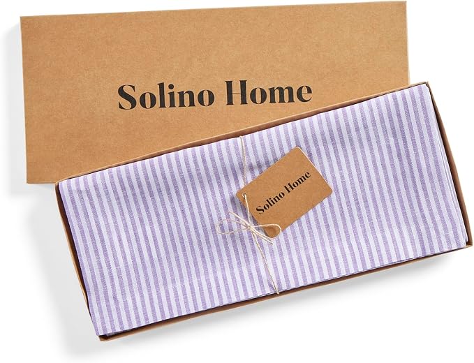 Solino Home 100% Linen Table Runner, 14 x 48 in, Lavender and White Striped | Narrow Stripe, brings a tailored look to family meals and hosting, woven stripe, European flax fibres, OEKO-TEX Certified