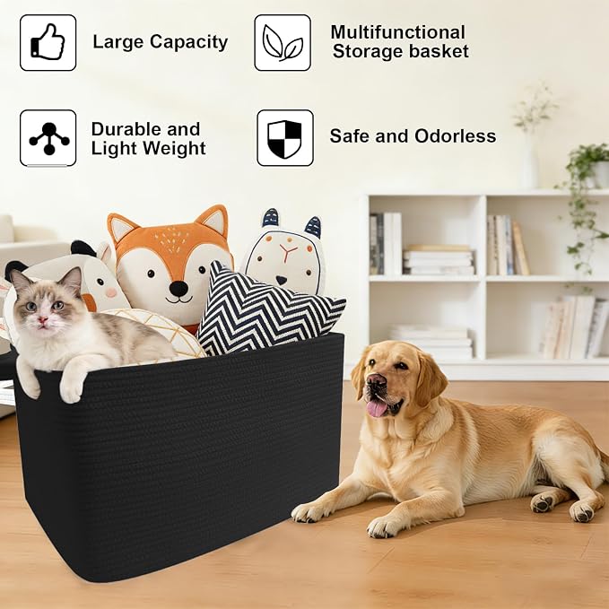 65L Large Laundry Basket with Handles,Woven Blanket Basket,Black | 21"×16"×12" Collapsible Cotton Rope Storage Basket for Toys Clothes & Pillows, Nursery, Bathroom, Bedroom, Living Room