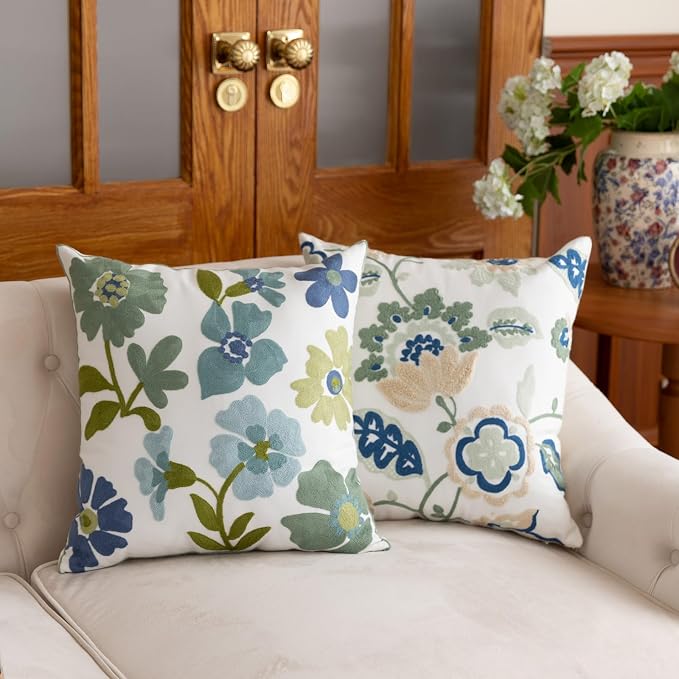 YIcabinet Pack of 2 Throw Pillow Covers,Flower Embroidery Pillow Case Soft Square Decorative Pillowcases for Home Sofa Couch 18x18 Inch