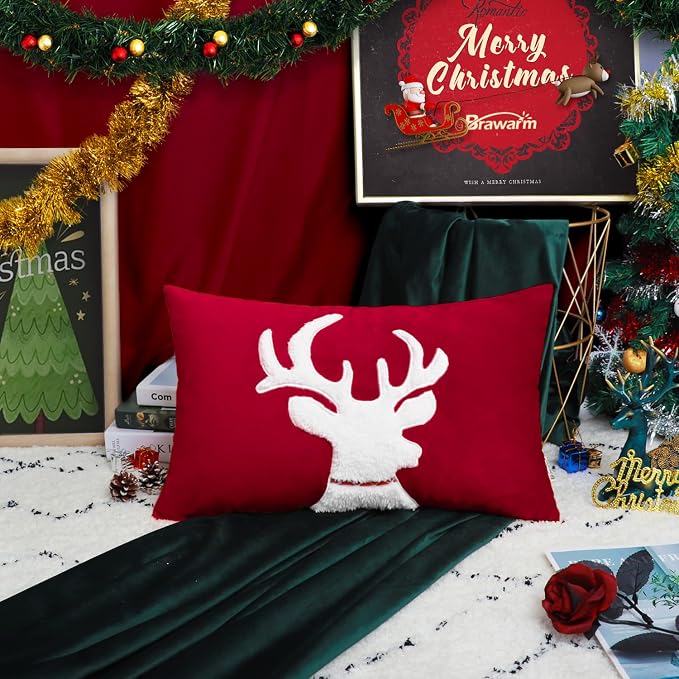 BRAWARM Christmas Pillow Cover 12 X 20 Inches, Christmas Red Reindeer Embroidered Lumbar Pillow Cover, Soft Velvet Decorative Throw Pillow for Couch Bed Sofa Living Room Home