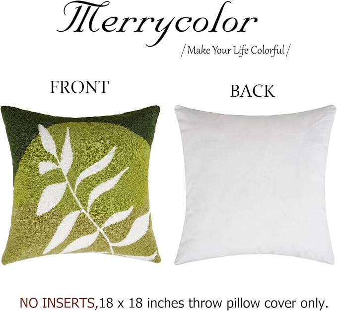 Merrycolor Boho Decorative Throw Pillow Covers 18x18 Tufted Green Decorative Pillows Covers Leaf Mid Century Modern Throw Pillows for Bed Couch Sofa Living Room 1PC （Green and White ）