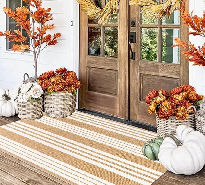 BUAGETUP Khaki and White Outdoor Rug 3'x 5' Hand-Woven Cotton Washable Rug Striped Front Porch Rug Indoor/Outdoor Area Rug Floor Mat for Farmhouse/Layered Door Mats/Living Room