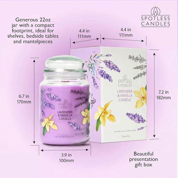 Vanilla & Lavender Candle 22oz Glass Jar with Wooden Wick in a Decorated Jar Within a Presentation Gift Box and Protective Shipping Box