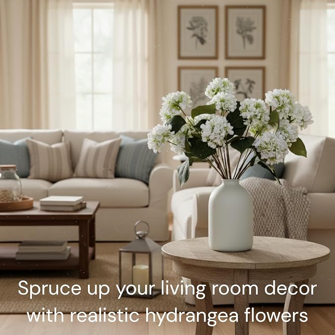 Small Faux Hydrangea Flowers 5 Stems (15 Heads) For Table Decor | Real Touch Hydrangea Flowers Artificial with Stems, Silk Floral Bouquet, Hortensias Artificiales, Snowball Viburnum