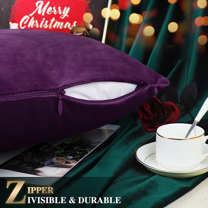 BRAWARM Christmas Pillow Cover 20 X 20 Inches, Purple Reindeer Embroidered Pillow Cover, Soft Velvet Decorative Throw Pillow for Couch Bed Sofa Living Room Home