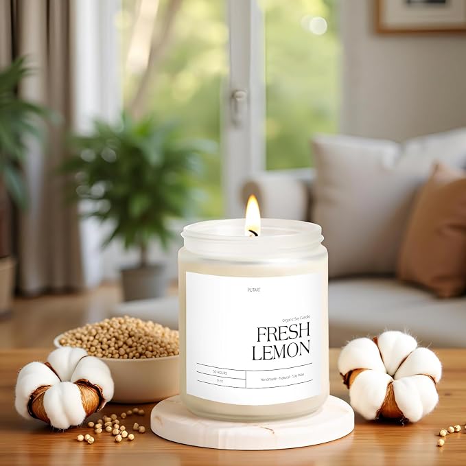Fresh Lemon Highly Scented Candle for Home, 9oz Non Toxic Soy Candle | Natural Aromatherapy Candles with Essential Oil, Home Fragrance Stress Relief & Meditation Jar Candles Gifts for Women & Men