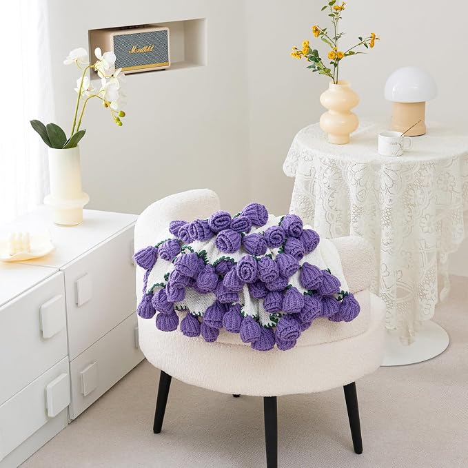 Crochet Flower Bouquet Throw Blanket, Handmade Knitted Blanket with Tulip, Cute Romantic Gift for Her Girlfriend Mom Mother’s Day Valentine Wedding Anniversary Birthday, Purple 60 Inches