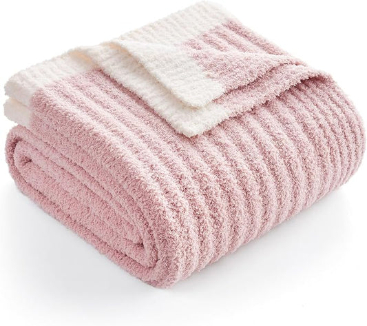 Snuggle Sac Summer Pink Throw Blanket for Couch, Soft Cozy Ribbed Fluffy Blankets for Women, Warm Microfiber Knit Cute Throws for Girls Daughter Gifts, Pink, 50x60 inches