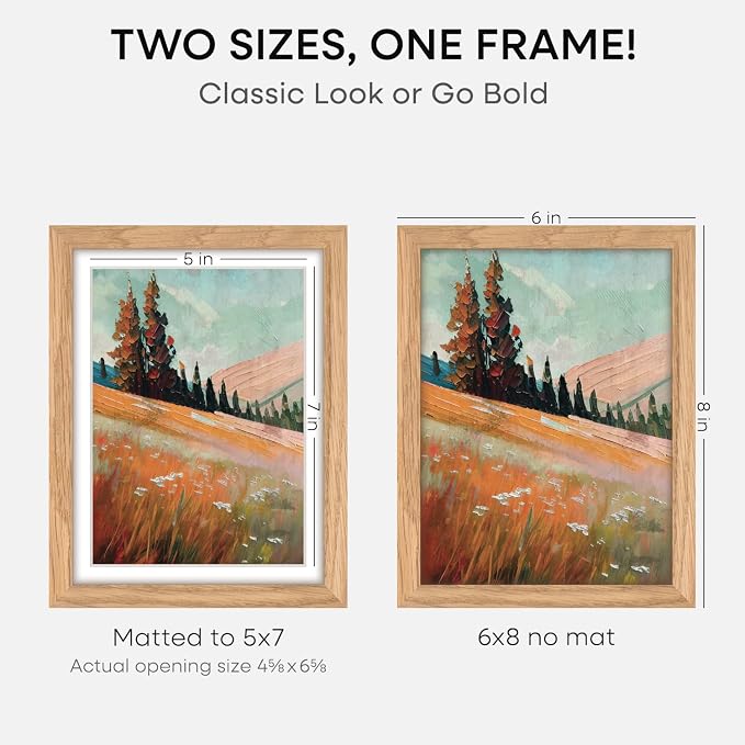 Homeforia 6x8 Natural Oak Picture Frame, High-End Wood, 5x7 Mat, Glass