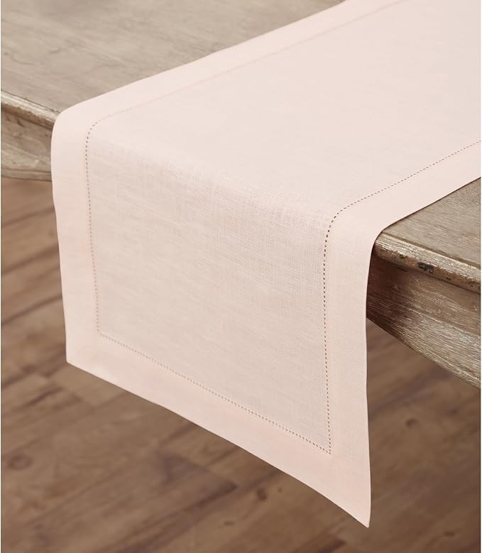 Solino Home 100% Pure Linen Dining Table Runner Pink Hemstitch, 14 x 156 in | Classic Hemstitch, brings a tailored look to family meals and hosting, hemstitched border, soft, fine, OEKO-TEX Certified