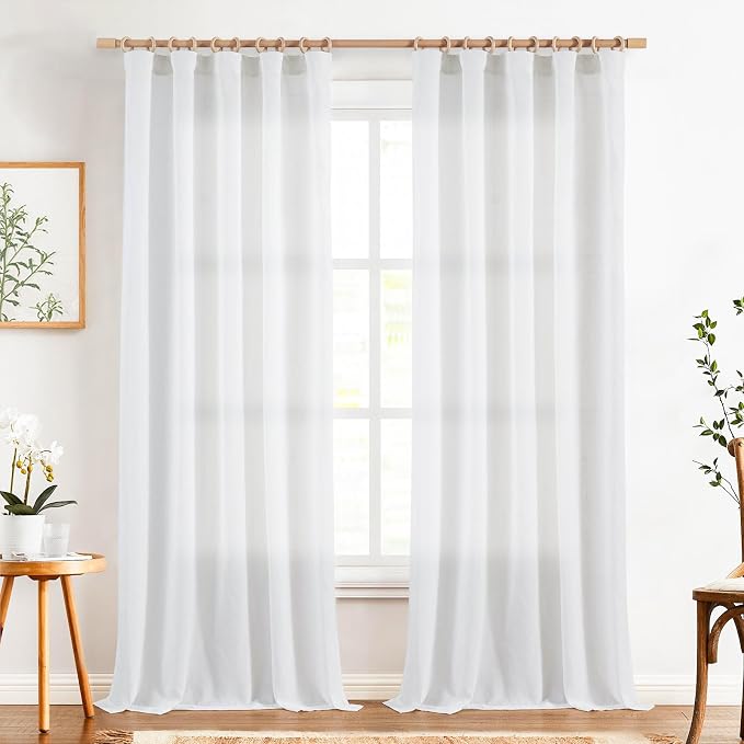 jinchan Linen Curtains Light Filtering Back Tab 50x96 Inch 2 Panels White | Semi Sheer Curtains 96 inch length for Bedroom Living Room, Modern Farmhouse Drapes with Rod Pocket, Natural Boho Curtains