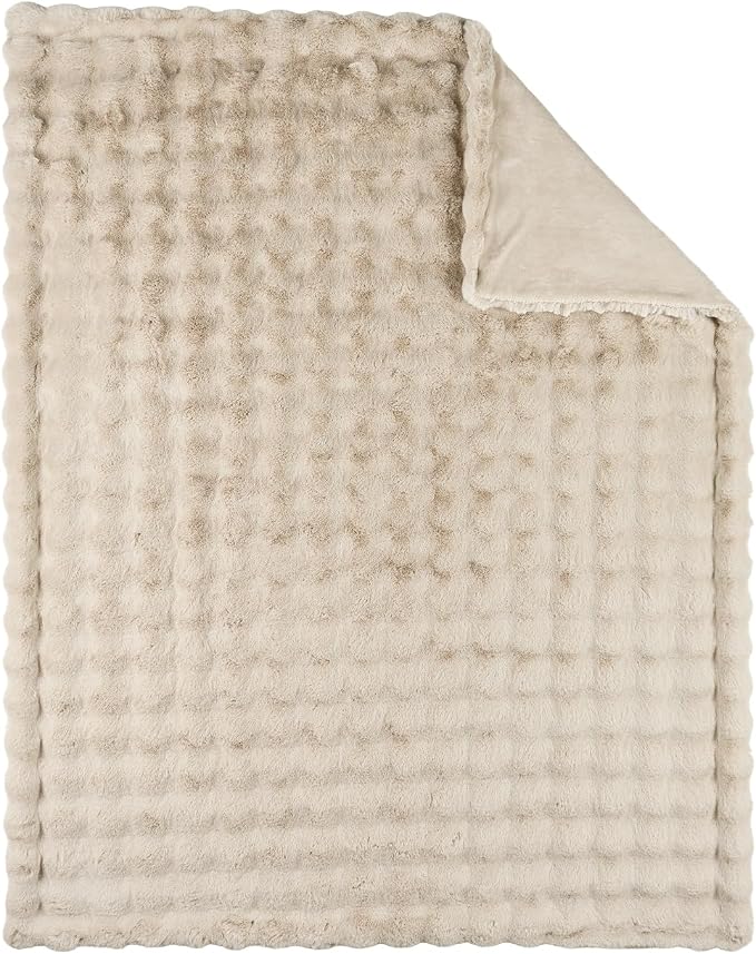 Lotus Karen Faux Fur Throw Blanket Linen - 800 GSM Bubble Rabbit Fluff Blanket for Couch Bed Sofa,Softest Fluffy Fuzzy Cozy Blanket,Thick Furry Plush Shaggy Warm Blankets for Women,108x90 Inches