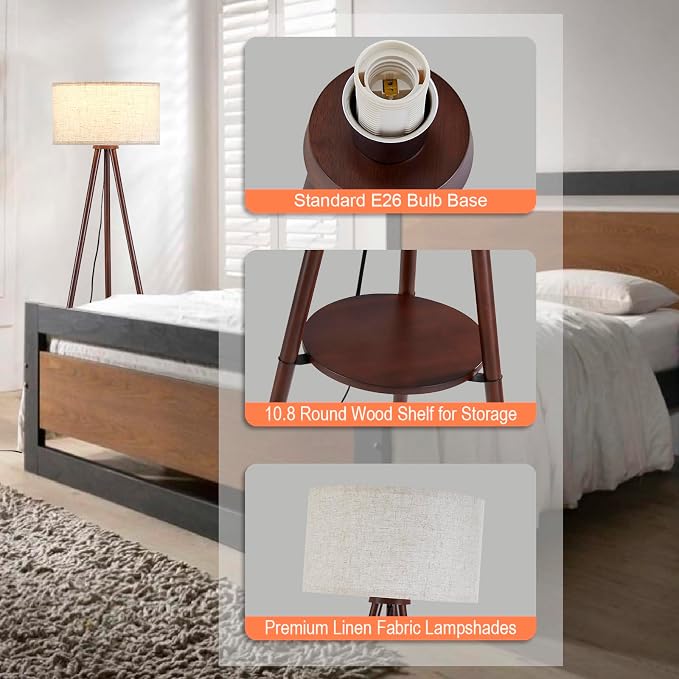 BTP Wood Tripod Floor Lamp for Living Room, 3 Color Temparature LED Bulb Included, Mid Century Modern Wooden Shelf Floor lamp with Linen Shade for Bedroom, Office, Walnut Wood Color
