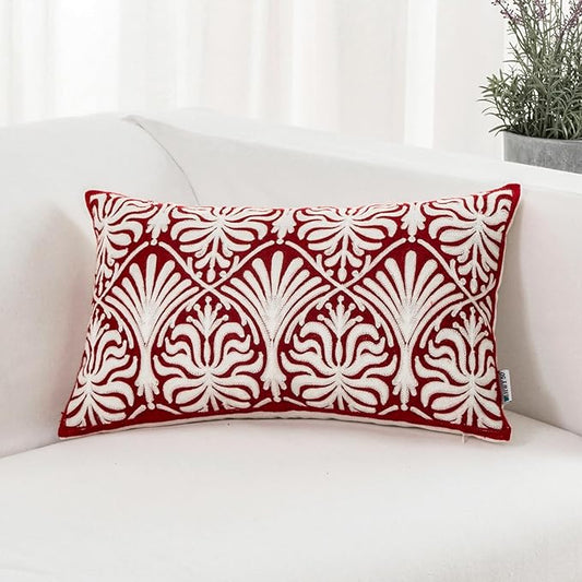 Burgundy Red Embroidered Lumbar Pillow Cover 12x20 Inch Cotton