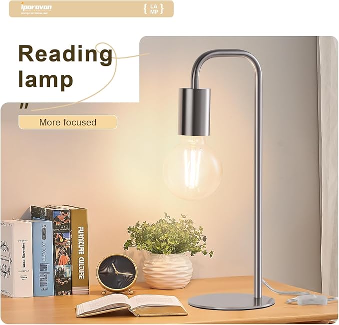 Industrial Modern Brush Nickel Table Lamp 13.5", for Desk or Bedside