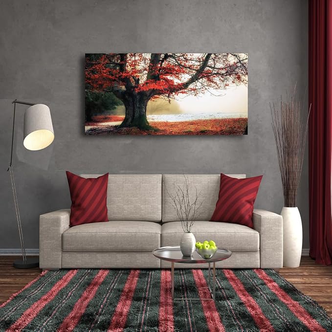 Stunning Nature Landscape Wall Art - 20x40 inches Canvas Artwork of Sunrise Forest Scenery with Red Leaves. Perfect Wall Decoration for Living Room, Bedroom and More