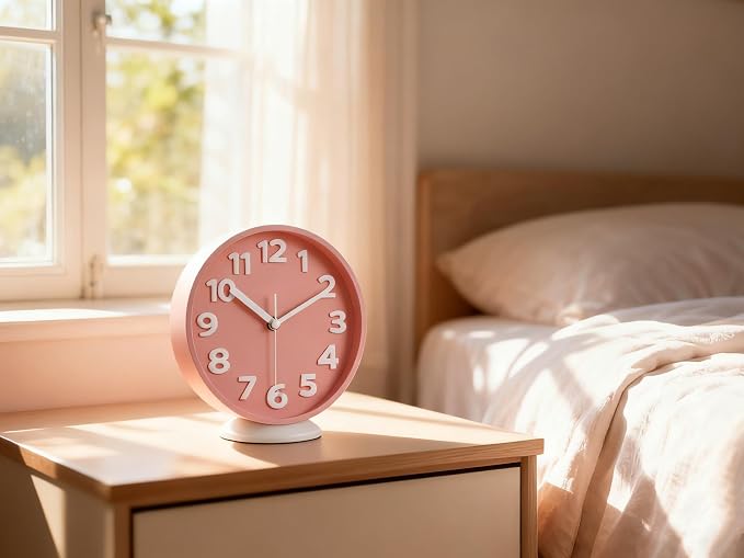 JENLYSTIME 8 Inch Vibrant Pink Modern Wall Clock – Silent Non-Ticking, Bold 3D Numbers, Precise Quartz Movement | Decorative Desk & Wall Clock with Stand for Home, Kitchen, Bedroom, or Office