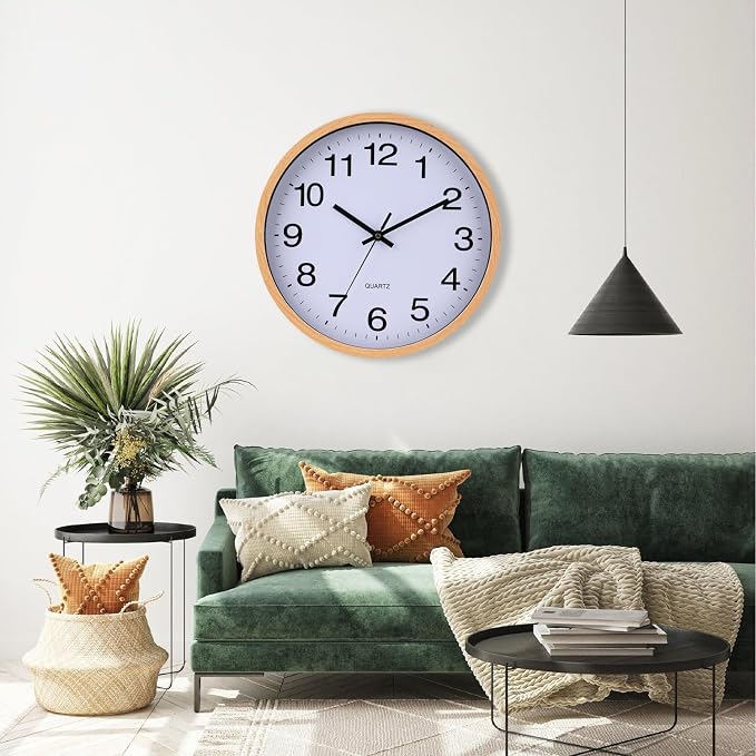 Wall Clock 12 Inch Wooden Frame Glass Cover Non-Ticking Number Quartz Modern Quartz Design Decorative Bedroom Kitchen Office Classroom Light Brown