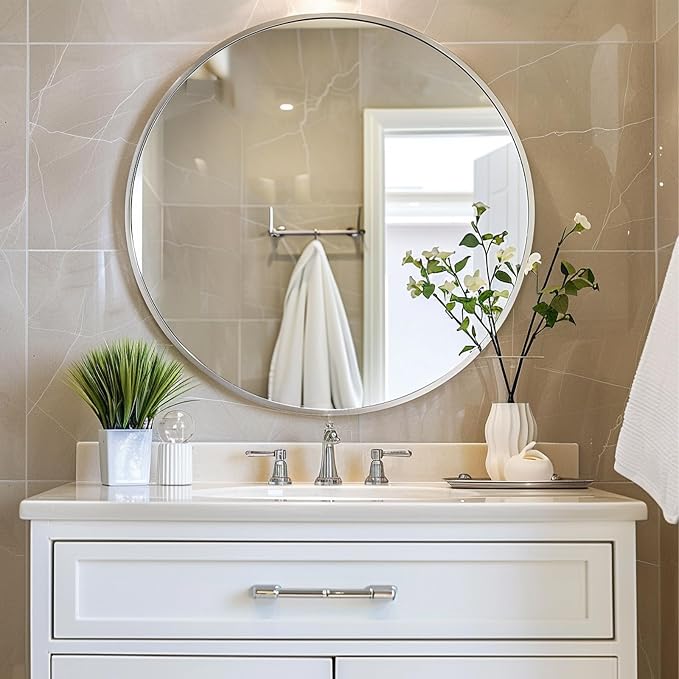 Circle Mirror 26 inch, Chrome Wall Mirror, Brushed Metal Frame | High Definition Mirror, Easy installation, Rust-resistant, Suitable for Bedroom, Entryway, Living Room, Hallway, Wall Décor