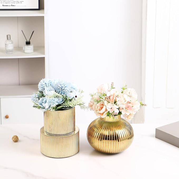 Ribbed Glass Vases, Set of 2 Fluted Vases for Flowers, Gold Glass Vase for Tulips, Modern Vase for Living Room, Kitchen, Office, Entryway, Mantle, Bookshelf, Wedding Gifts, Birthday