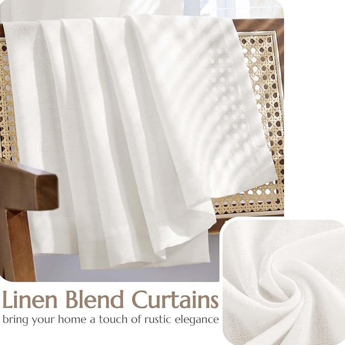 jinchan Lined Linen Curtains Privacy Back Tab 50x90 Inch 2 Panels Set White | Light Filtering Curtains with White Privacy Liner, Cottage Core Farmhouse Curtains for Living Room, Rod Pocket 90 Inch Length