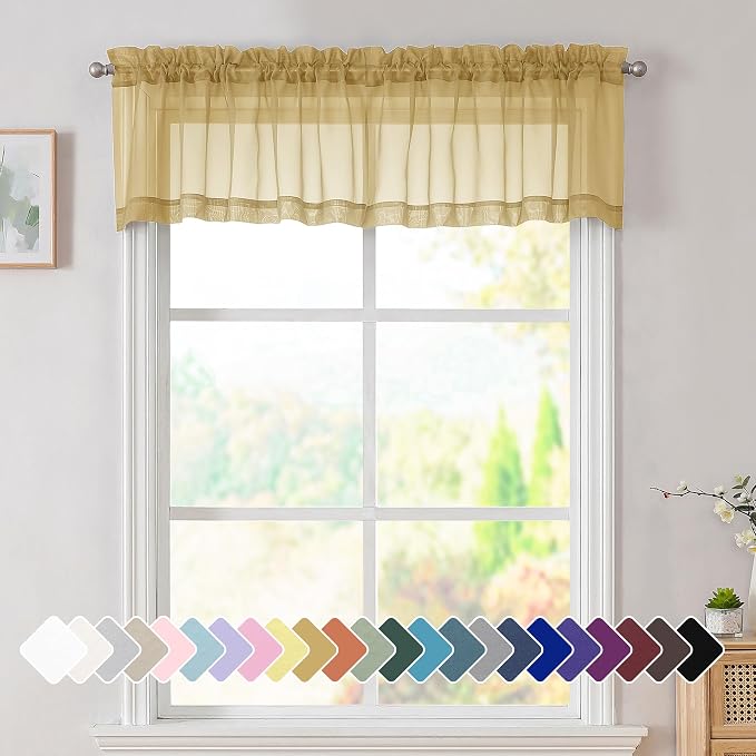 Simplebrand Gold Sheer Valances 14 Inches Long for Living Room Pocket 2 Panel Light Filtering Sheer Translucent Valence Toppers for Window Kitchen Bathroom Bedroom Ivory 42x14 Inch Length