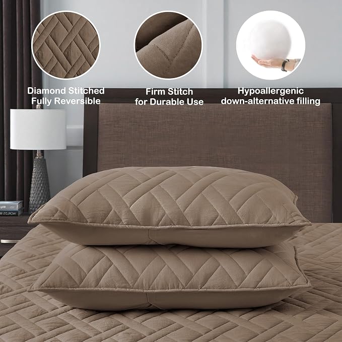 HORIMOTE HOME Quilt Set King Size Pine Bark, Classic Geometric Diamond Stitched Pattern, Ultra Soft Microfiber Lightweight Bedding Bedspread Coverlet for All Season with 1 Quilt 2 Pillow Shams