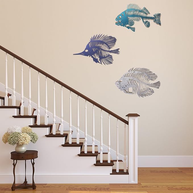 Zhengmy 3 Pcs Metal Fish Wall Art Fishing Wall Decor Hanging Metal Fish Bone Rustic Nautical Style Sign Plaque for Indoor Outdoor Office Home Bedroom Bathroom Living Room Window(Various Color)