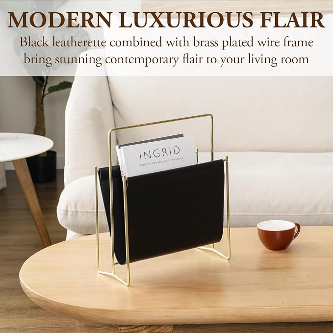 MyGift Black Leatherette Magazine Holder with Gold Metal Frame, 13 Inch | Sleek sling-style organizer keeps magazines, books, and reading materials accessible while adding modern elegance to any room