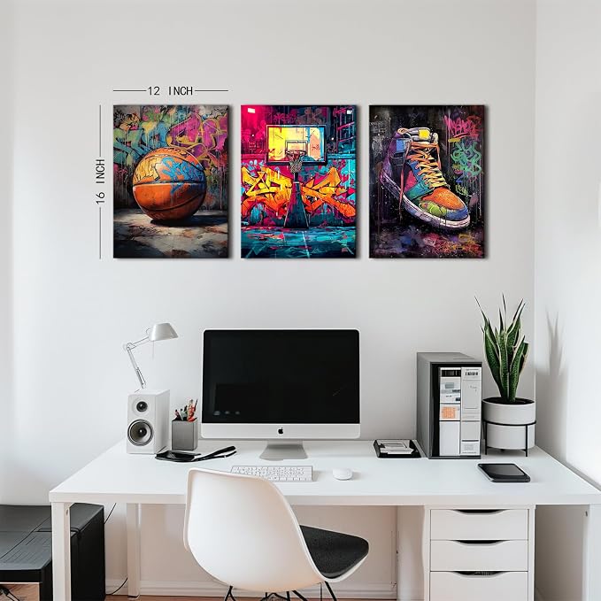 Graffiti Basketball Canvas Wall Art Vintage Basketball Court Posters for Boys Room Motivational Sports Themed Painting Prints treet Pop Art Canvas Pictures for Mens Bedroom Home Decorations 12x16" 3Pcs