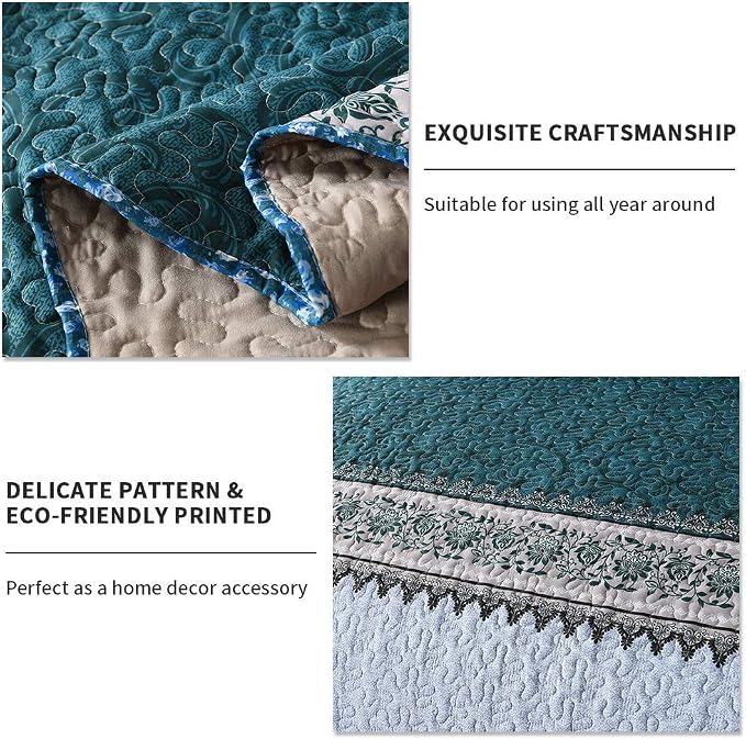 Travan 3-Piece Queen Quilt Set Quilted Bedspread Oversized Microfiber Soft Lightweight Bedding Set with Shams for All Season, Blue Ocean, Queen Size