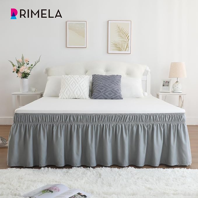 Grey Bed Skirt Queen Size 18 Inch Drop, Elastic Wrap Around Bedskirt | Solid Ruffled, Easy to Use, No Mattress Lifting, Wrinkle & Fade Resistant, with Adhesive Strips, Machine Wash/Dry/Iron
