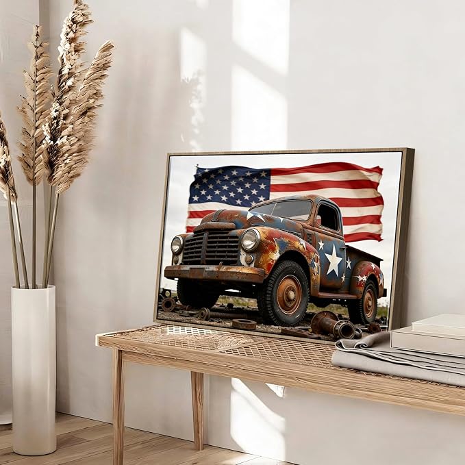 American Flag Framed Canvas Wall Art, 4th of July Patriotic Canvas Prints | USA Flag with Truck Poster Print, Vintage Independence Day Wall Decor for Bedroom Living Room Dining Room Office 8×10in