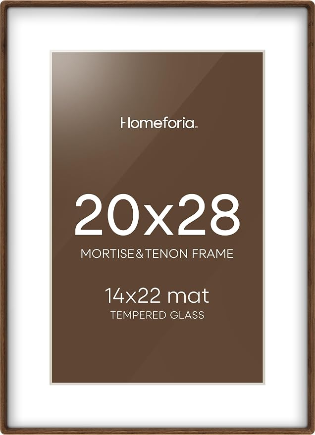Homeforia 20x28 Mortise&Tenon Walnut Picture Frame, 14x22 Mat, Glass