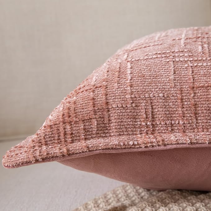 Yaertun Chenille Throw Pillow Covers 24x24 Inch Set of 2 Textured Broadside Soft Cozy Velvet Pillow Covers Modern Farmhouse Boho Decorative Pillow Cases for Couch Bed Sofa Livingroom Dusty Pink