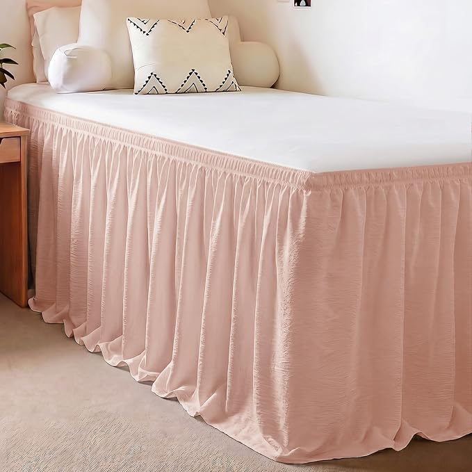College Dorm Bed Skirt Twin XL 32 Inch Drop, Blush Pink Elastic Bedskirt | Ruffled, Wrap-around/elastic, Wrinkle-resistant, Fade-resistant, Machine Washable, Wrinkle-Free, Gift Box Packaging, Textured