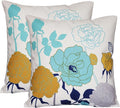 Turquoise Yellow Floral Pillow Covers 16x16 Set of 2 Cotton Linen | Durable Thick Cotton Linen Material, Soft Breathable Floral Decor, Suitable For Spring Summer Couch Bed & Outdoor Patio Porch